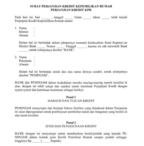 Contoh Surat Perjanjian Kredit Kepemilikan Rumah Kpr Format Word