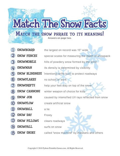 Free printable baby shower games _____ baby abc's preparation for this free printable baby shower game: Free Printable Winter Game Match the Snow Facts Download | Christmas trivia, Adult party games ...