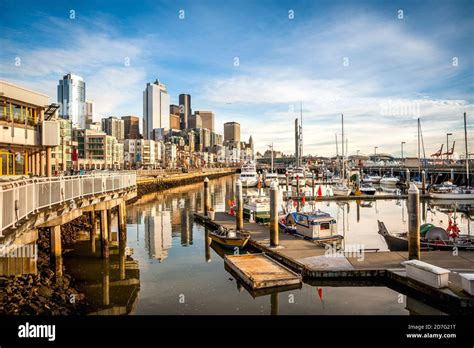Seattle Waterfront At Sunset Stock Photo Alamy