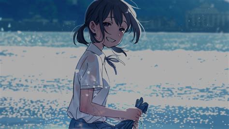 Download 1920x1080 Wallpaper Anime Girl Beautiful Smile Beach