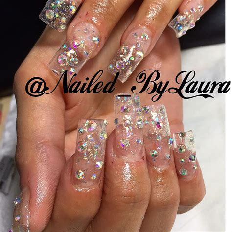 Clear Pink Nails With Rhinestones D Nail Art Rhinestones Glitters Acrylic Tips Decoration