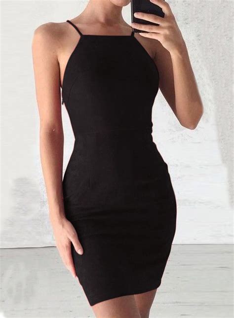 Black Spaghetti Strap Back Lace Up Bodycon Mini Club Dress Short