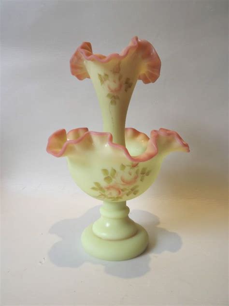 Fenton Burmese Glass Epergne Hand Painted By Alice Farley Ebay