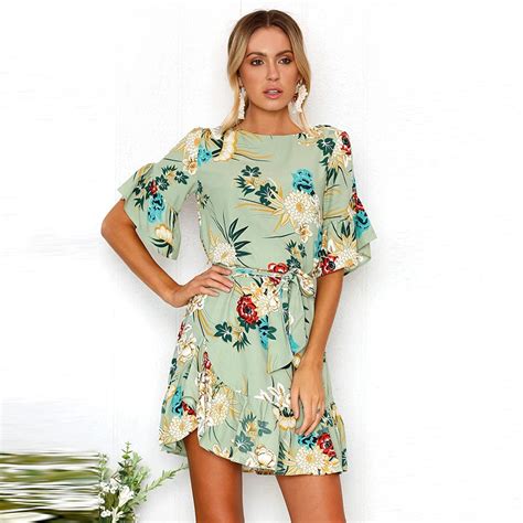 Sexy Green Floral Print Ruffle Summer Dress 2018 Black Short Hippie Boho Beach Dress Women Chic