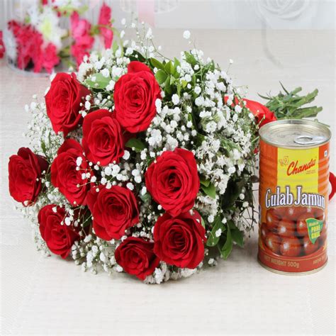 Lovely Ten Red Roses With Tempting Gulab Jamuns Best Price