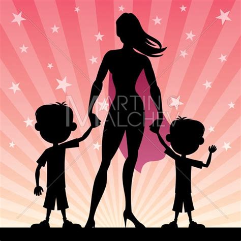 Super Mom 2 Sons Vector Cartoon Clipart Illustration Mother Hero