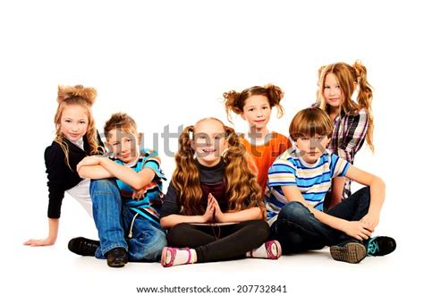Group Smiling Children Sitting Together Isolated Stock Photo 207732841
