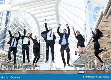 Business People Celebration Success Jumping Ecstatic Concept Tea Stock