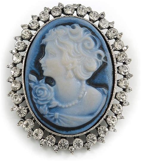 Avalaya Vintage Inspired Clear Crystal Blue Cameo Brooch In Antique