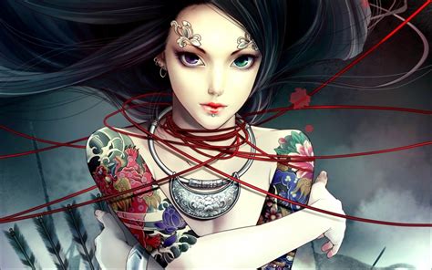 Wallpaper Anime Girl Semi Realistic Heterochromia Tattoos