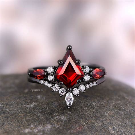 Skye Natural Red Garnet Kite Ring Set Black Filled Sterling Silver