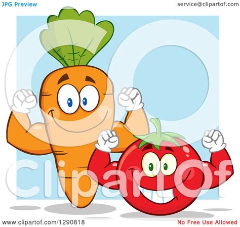 Clipart Of Happy Strong Tomato And Carrot Characters Flexing Their