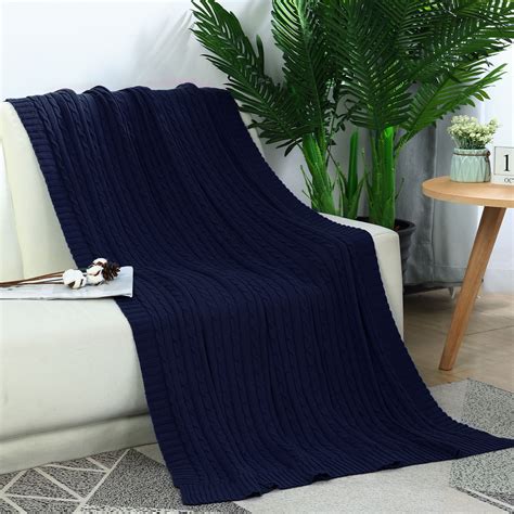 Cotton Blanket Decorative Cable Knitted Throw Soft Knit Blanket Navy