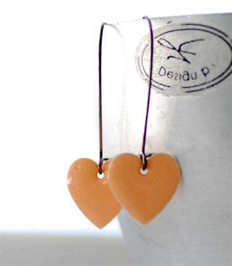 Peach Heart Earrings Simple Earrings Enameled By Wildwomanjewelry