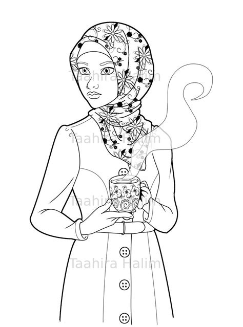 Muslim Hijabi Coloring Book Page Download Muslimah Lady With Mug Etsy