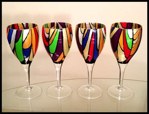 Hand Crafted Hand Painted Wine Glasses Abstract Colorful Stained Glass Design By Ashley