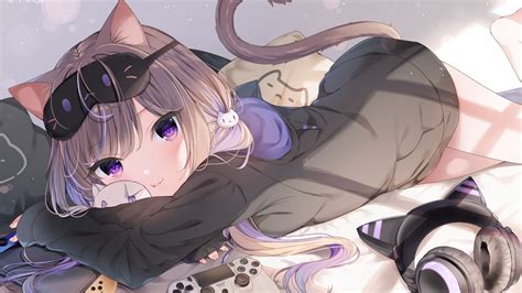 Hình nền Anime cô gái miêu nữ tai mèo Đuôi mèo Đôi mắt màu tím Nằm phía trước tai nghe