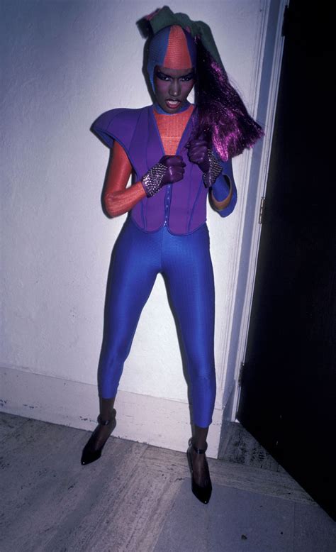 Grace Jones In A Colorful Look And Spandex Leggings At An After Party Following The Grammy