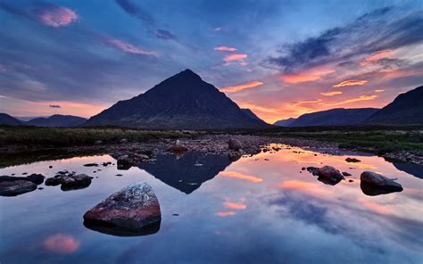 Sunset Sky Clouds Mountain River Stones Reflection Scotland Hd Wallpaper