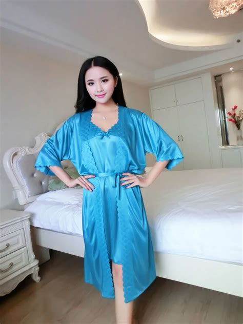 2017 New Brand Women Silk Sleepwear Ladies Sexy Sleepshirts Lingerie Sleepdress Nightgown Two