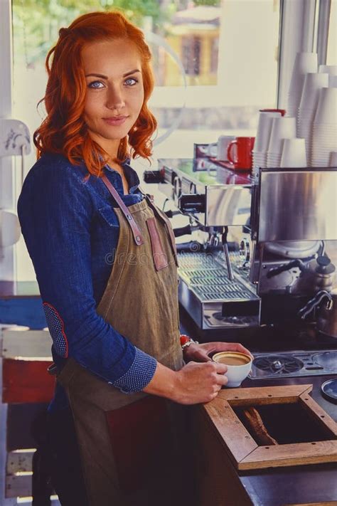 Portrait Of Redhead Female Drinks Coffee In A Cafe Stock Image Image Of Happy Beauty 116271629