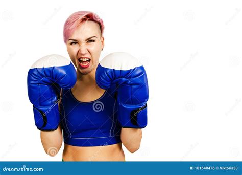 Beautiful Young Woman In Blue Boxing Gloves Is Boxing Isolated Stock