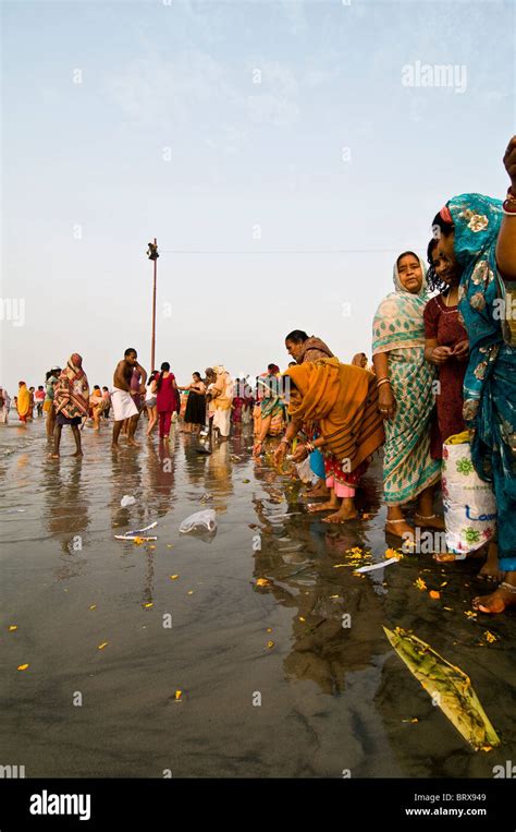 Indian Pilgrims Bathing In The Holy Water Of Gangasagar Island Stock
