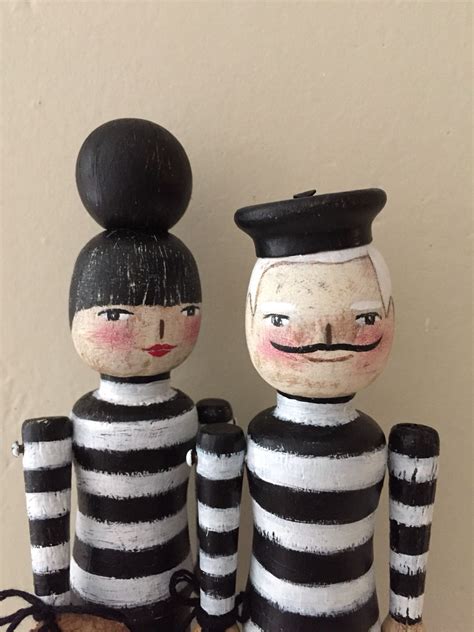 French Artists Noodle And Lou Wooden Lulettes Paper Mache Dolls Pin