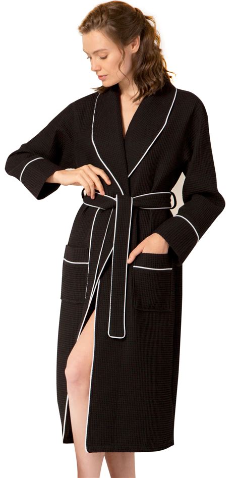 Womens Luxury Waffle Shawl Collar Robe With Piping Lightweight Long