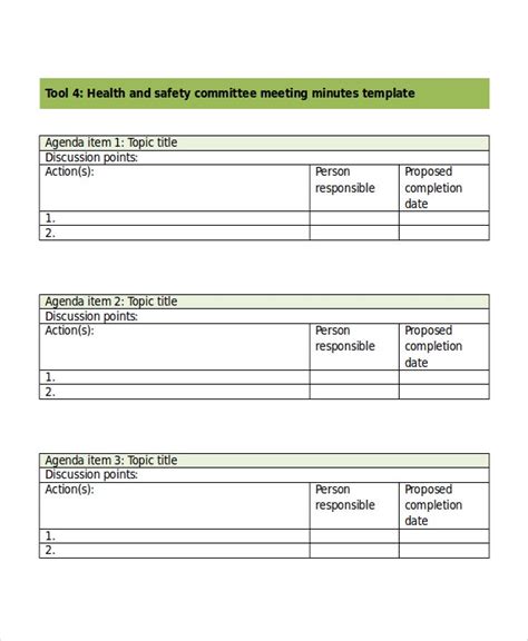 The advisory committee for safety and health at work (acsh) assists the commission in the preparation, implementation and evaluation of activities in the field of occupational safety and health (osh) and facilitates cooperation between national administrations. Safety Meeting Minutes Template - 7+ Free Word, PDF ...