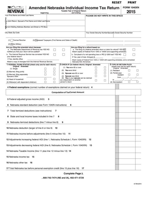 Amended individual income tax return. Fillable Form 1040xn - Amended Nebraska Individual Income Tax Return - 2015 printable pdf download