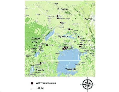 African swine fever (asf) affects all pigs, including wild boar. Map of Uganda showing the origins of African swine fever ...