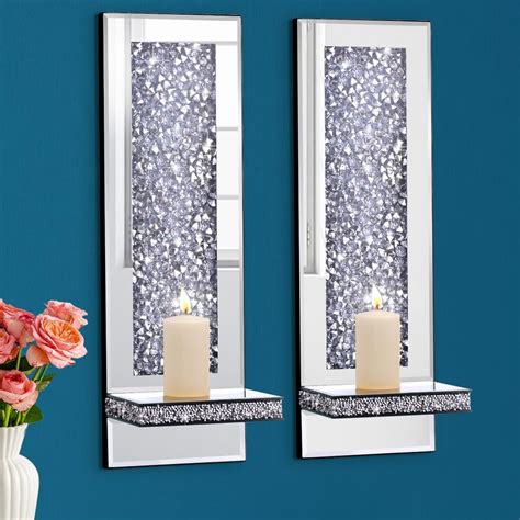 Aeveco Crystal Crush Diamond Mirrored Candle Sconces Silver Wall