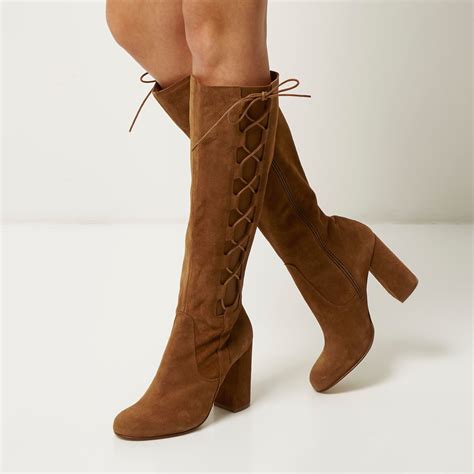 river island leather tan suede knee high lace up boots in brown lyst