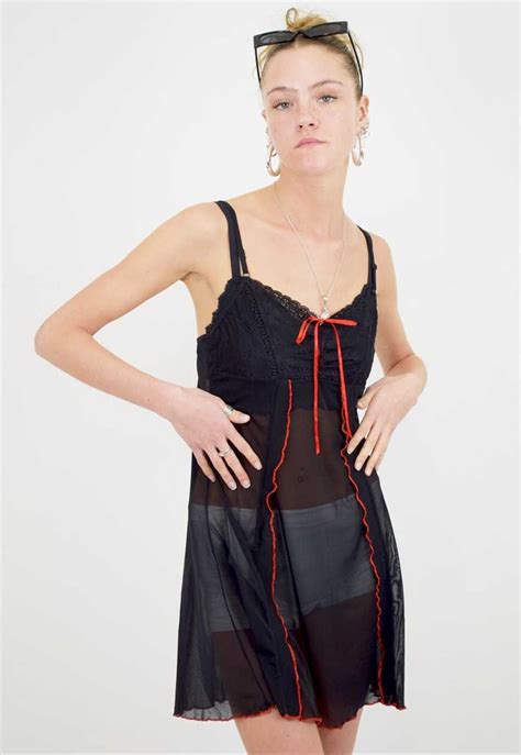Vintage 2000s Mini Slip Dress In Black Mesh And Lace Gem