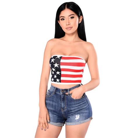 New Sexy Women Strapless Bustier Crop Top American Flag Print Bandeau