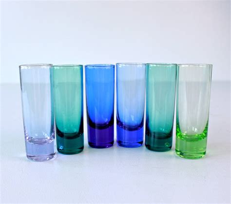Vintage Shot Glasses Set Of 6 Tall Shot Glasses Blue Green Etsy