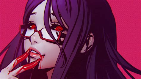 Download Blood Purple Hair Smile Glasses Red Eyes Rize Kamishiro Anime