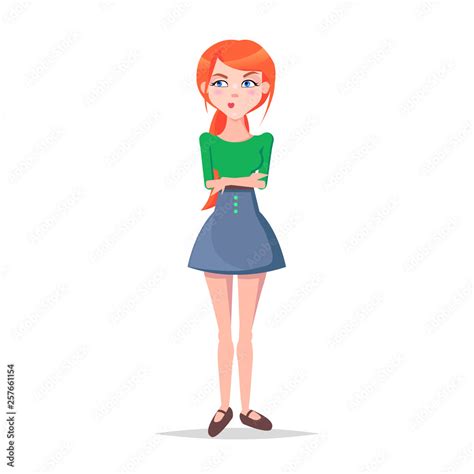 Skeptic Young Woman Illustration Beautiful Redhead Girl In Blouse And Skirt Standing With With