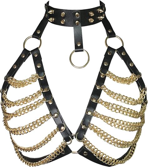 Womens Leather Body Cage Harness Bra Metal Chain Punk Goth
