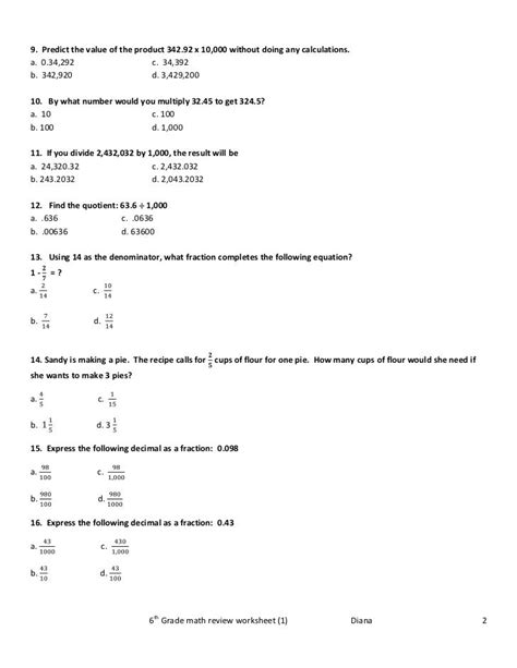 6th Grade Math Review Worksheet1 6th Grade Math Worksheets