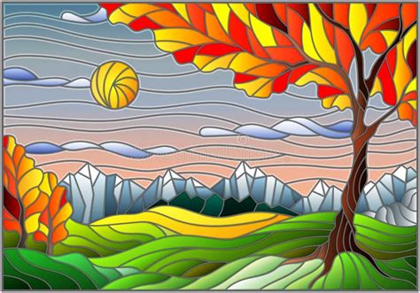 Stained Glass Illustration With Autumn Landscape Tree On Mountain