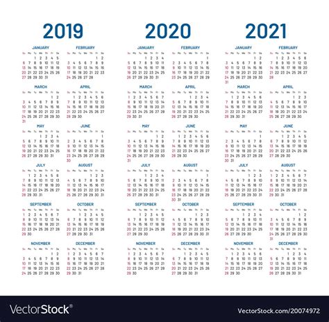Year 2019 2020 2021 Calendar Royalty Free Vector Image