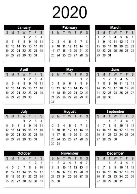 Collect 2020 Yearly Calendar With Notes Printable Template