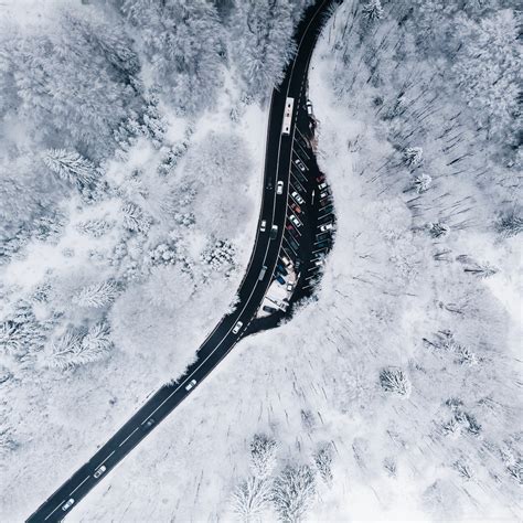Winding Road Winter Snowy Trees Aerial View 4k Hd