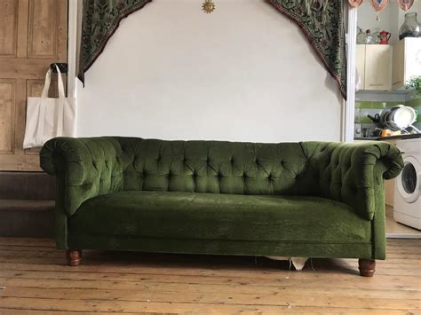 Vintage Velvet Green Chesterfield Sofa Couch Settee Three Seater