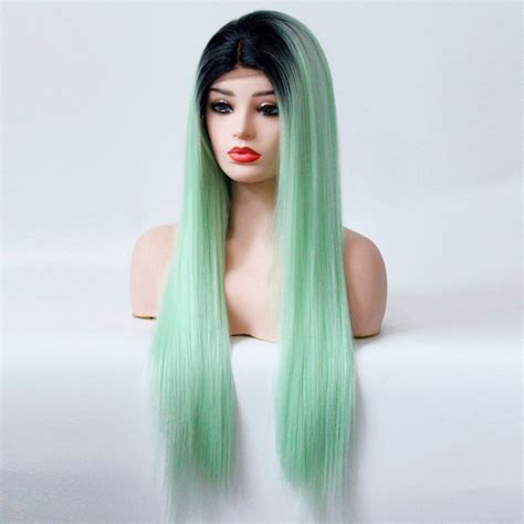 V Nice Black Roots Ombre Mint Green Synthetic Lace Front Wigs Long Straight Wig Heat Resistant