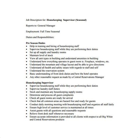 Housekeeping Supervisor Job Description Pdf Free Documents