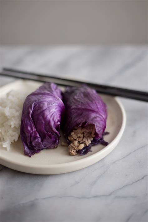 Asian Stuffed Red Cabbage Rolls — Madeline Hall Cabbage Rolls Purple Cabbage Recipes Red Cabbage