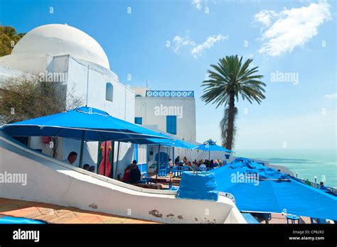 Sidi Bou Said Tunisia Cafe Chebaane Overlooking Bay Stockfoto